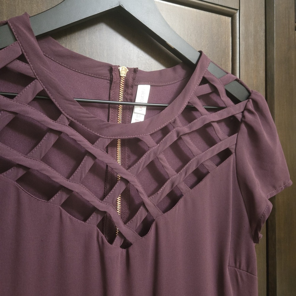 Xhilaration A Line Dress Plum Short Flutter Sleeve Zipper Criss Cross Y2K Small - Picture 4 of 12